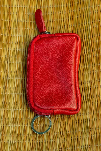 Top View Smart Style Red Leather Key Ring Bag Made — Stock Photo, Image