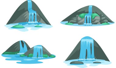 Şelale seti. Kayalık beyaz arka plandan nehir şelalesi düşüyor. Su damlaları