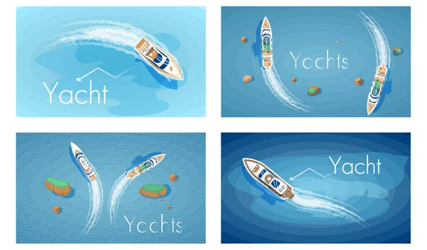 Serie di yacht navi marittime in mare, imbarcazioni di spedizione. Trasporto marittimo barca, nave vettoriale — Vettoriale Stock