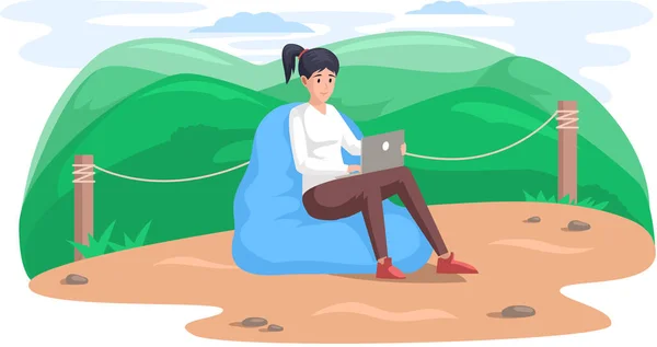 Kobieta siedzi na zewnątrz, surfuje po Internecie i pracuje zdalnie. Dziewczyna podróżuje, zarabia na telepracy — Wektor stockowy