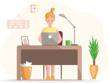 Ofiste çalışan kadın karakter çalışanı bilgisayarla masada oturuyor, klavyede daktilo yazıyor.