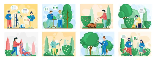 Bahçıvanlar bahçede çalışırlar. Tarım organik bahçe ekimi, tarım, bahçıvanlık. — Stok Vektör
