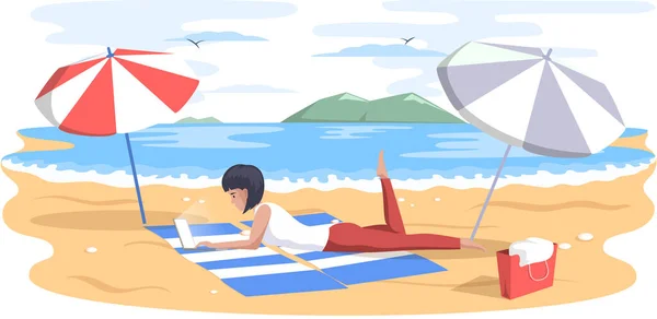 Kadın dinleniyor, internette sörf yapıyor ve bilgisayarla plajda çalışıyor. Laptopla iletişim kuruyor. — Stok Vektör