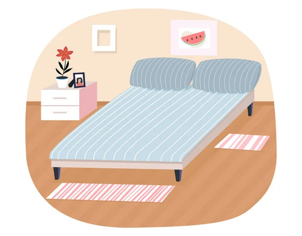 Camera da letto interior design bagno vettoriale piatto. Comodo letto e comò, mobili contemporanei — Vettoriale Stock