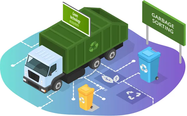 Triagem de lixo, transporte de resíduos. Tecnologia verde inovadora, sistema eco inteligente para reciclagem — Vetor de Stock