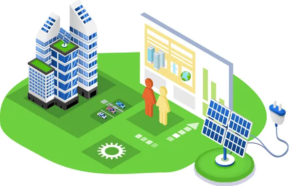 Het opwekken van elektriciteit met behulp van groene technologieën illustraties set. Alternatieve energieproductie — Stockvector