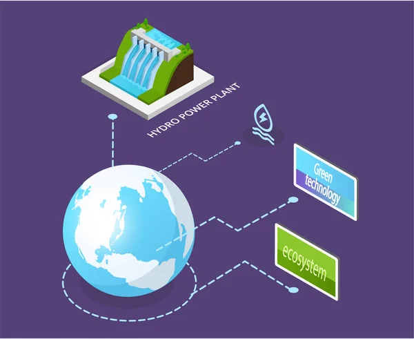 Central hidroeléctrica para produção de energia alternativa. Fornecimento de eletricidade ecológica ao planeta —  Vetores de Stock