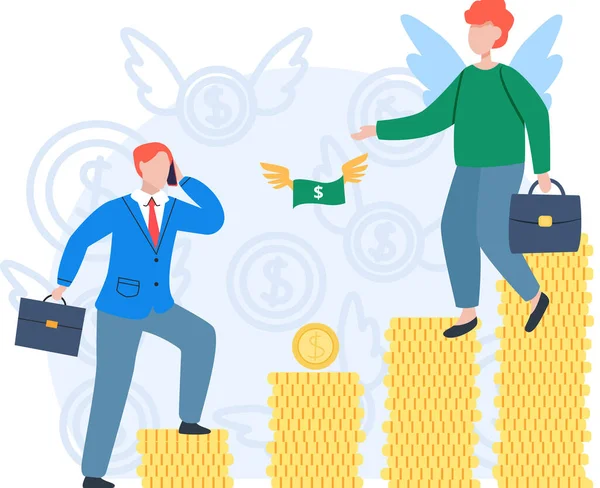 Team arbeitet an der Wachstumsfinanzierung mit Goldmünzen-Dollar-Stack. Angel investor startup community — Stockvektor