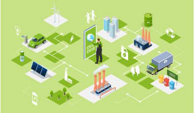 Yeşil doğa dostu teknolojiyle çalışan bir adam. Enerji üretimi teknolojilerinin entegrasyonu