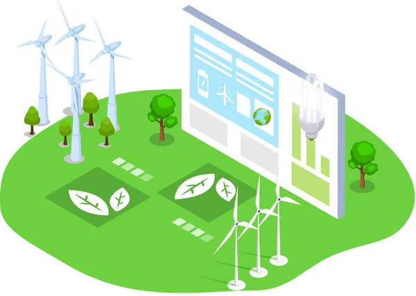 Groene technologie ecosysteem. Windgenerator voor schone milieuvriendelijke alternatieve energie — Stockvector
