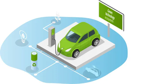 Laden von Elektroautos an einer Ladestation. Auto mit umweltfreundlichem Biokraftstoff betanken — Stockvektor