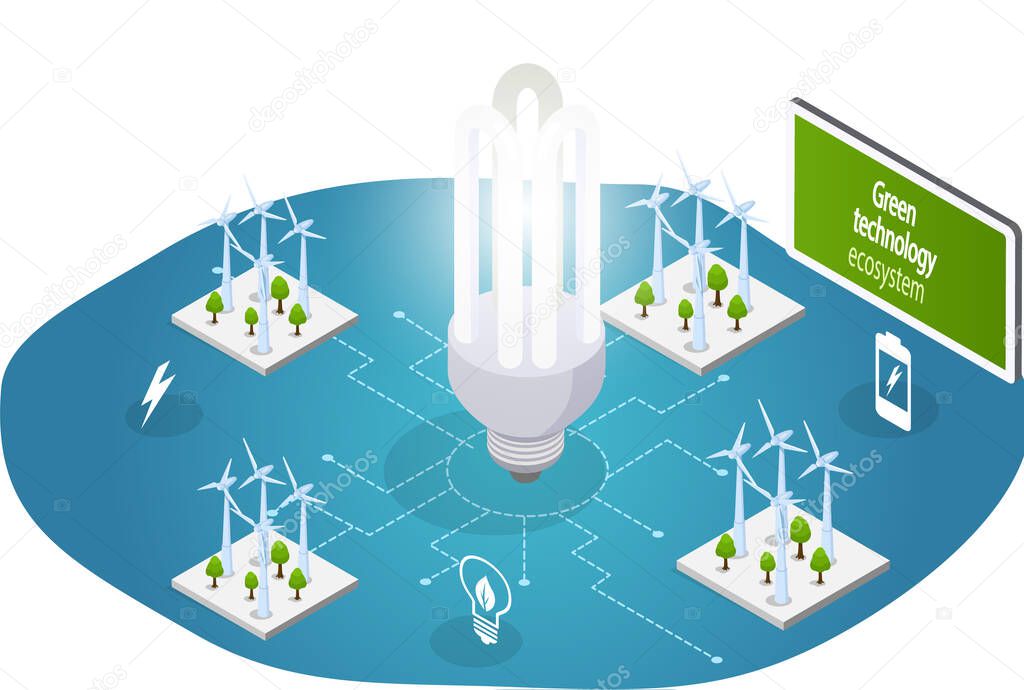 Large light bulb lights up with electricity from wind farm. Energy production using green technology