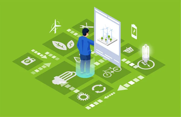 De mens werkt met groene natuurvriendelijke technologie. Integratie van technologieën voor energieproductie — Stockvector