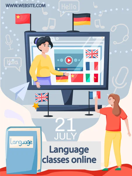Cursos de idiomas en línea. Estudio de habla extranjera en casa con computadora, clases a distancia — Vector de stock