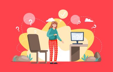 Karışıklık. İş kadını ya da öğrenci sorunların çözümünü düşünür. Doğru cevabı ara