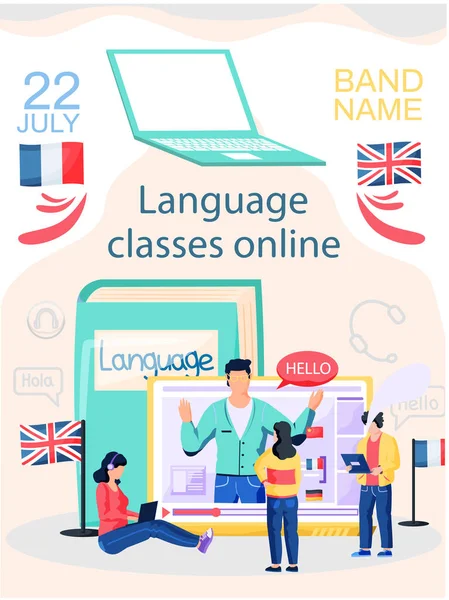 Aulas de idiomas online vector banner. Estudo de fala estrangeira em casa usando computador, aulas à distância —  Vetores de Stock