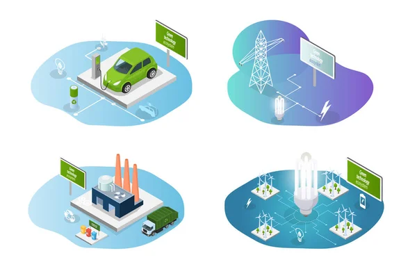 Generating electricity using green technologies illustrations set. Alternative energy producing — Stock Vector