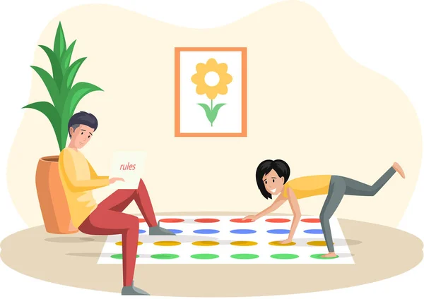 Father and daughter playing twister game. Man and woman happy family in everyday life at home — Stock Vector