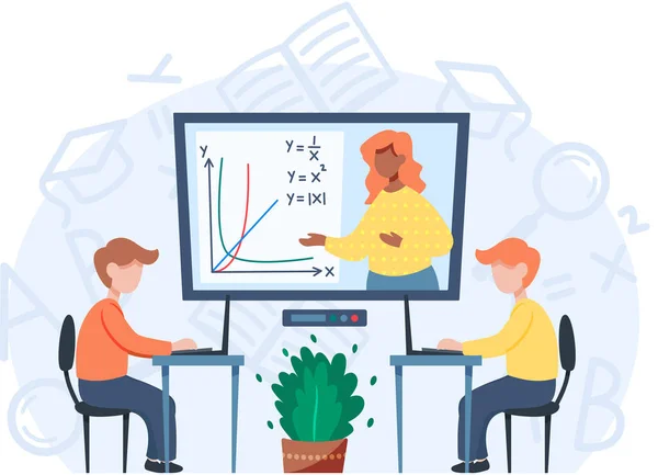 Conceito de aprendizagem on-line, professor de matemática na tela do computador e aluno sentado à mesa com laptop —  Vetores de Stock