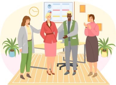 Mutlu kadın ya da kız iş kadını ofisteki meslektaşlarından tebrik alır.