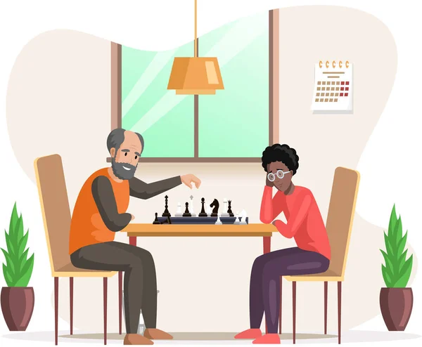 Manliga karaktärer som sitter vid bordet och spelar schack i vardagsrummet. Person som håller i handen schackfigur — Stock vektor