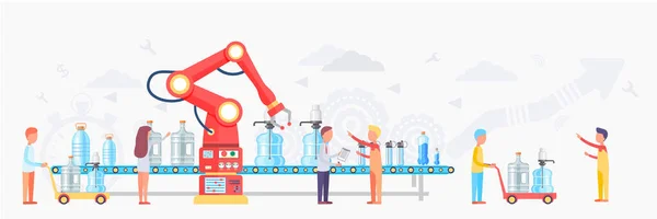Zakład oczyszczania wody z pracownikami kontrolującymi produkcję wysokiej jakości. Czysta woda w butelkach — Wektor stockowy