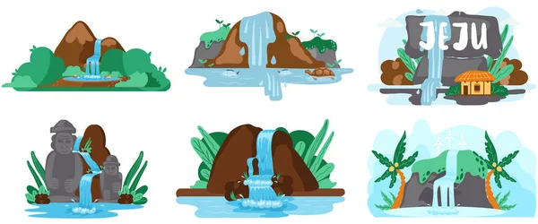 Набір ілюстрацій скелі і падаючої води, тропічна річка і водоспад, красива природа — стоковий вектор
