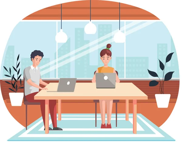 Young freelancers people working in office. Man and woman surfing internet, looking for information — Stock Vector