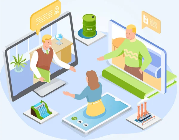 Anställda på affärsmöte online med grön teknik. Kollektiv virtuell videokonferens — Stock vektor