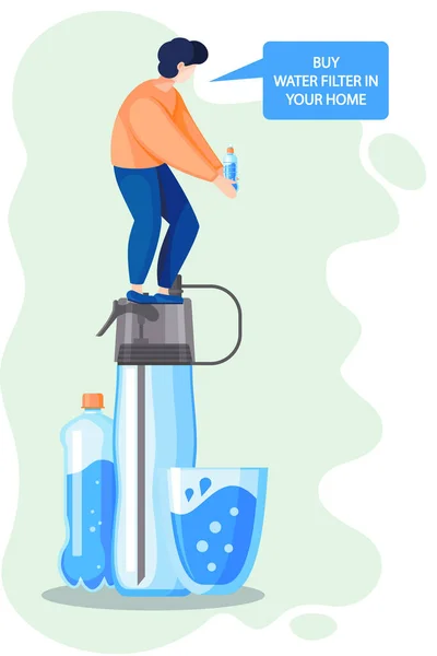 Αγοράστε οικιακό φίλτρο νερού στο σπίτι σας για τον καθαρισμό νερού βρύσης από μηχανικά, αδιάλυτα σωματίδια — Διανυσματικό Αρχείο