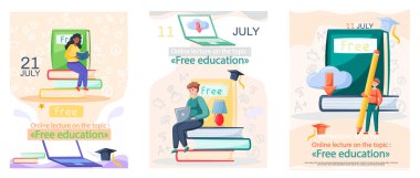 Ücretsiz ders, öğrenciler video oturumu ve özel podcast vektör pankartı ile webinar eğitimine göre çalışacaklar