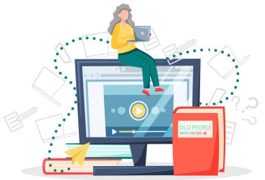 Evde dizüstü bilgisayarla çalışan yaşlı bir kadın. Çevrimiçi eğitim, web kursları, modern teknolojiler