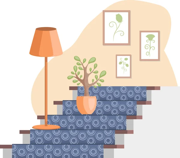 Дизайн інтер'єру будинку зі сходами. Будинок з підлоговим світильником у вазовому килимі на сходах — стоковий вектор