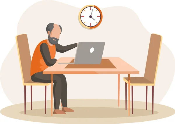 Personnage masculin senior, homme âgé regardant la vidéo à l'écran, bavardant, travaillant avec un ordinateur portable à la maison — Image vectorielle