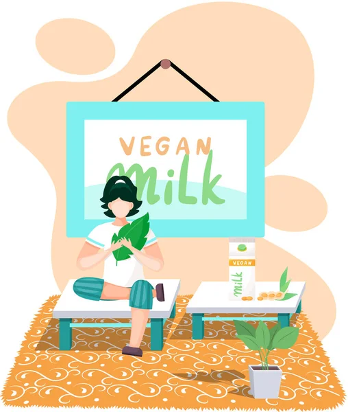 Leite vegan de noz não lácteos na caixa com infográficos. Conceito de vegetarianismo, vagens de soja perto da embalagem — Vetor de Stock