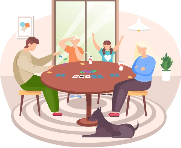 Сім'я грає в настільну гру з картами. Мама з дітьми розважається, проводячи час разом вдома — стоковий вектор