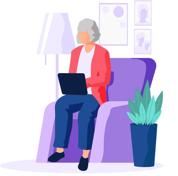 Old woman looking for information surfing internet. Person tries to use computer studies technology — Stock Vector