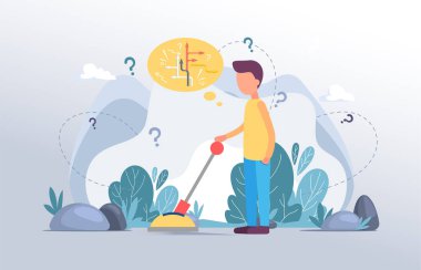 Karışıklık. Adam sorun çözme hakkında düşünüyor anahtar kolu. Doğru cevabı ara