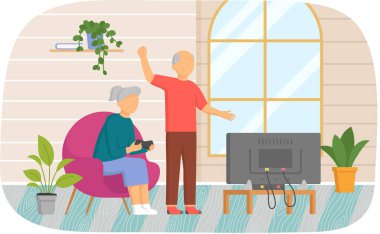 Video oyunu oynayan yaşlı insanlar. Gamepad 'li yaşlılar konsolda oynar, teknolojiyle uğraşır