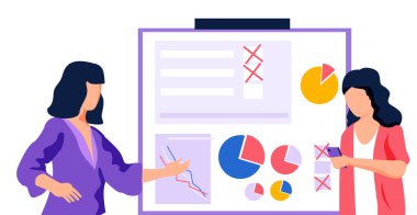 Diyagramlarla, veri analizleriyle, azalan göstergelerle çalış. Kadınlar posterde pasta grafiğini tartışıyor