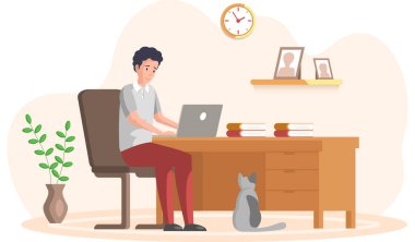 Evdeki işyerindeki adam uzaktan internet üzerinde çalışıyor ve bilgisayardaki ağ üzerinden iletişim kuruyor.