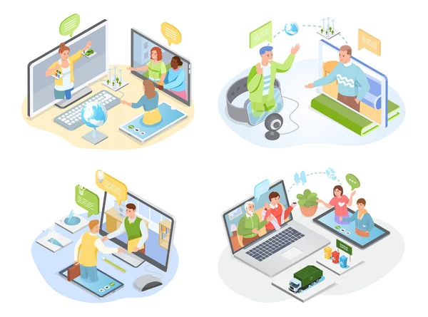 Arkadaşlarla, akrabalarla, iş arkadaşlarıyla çevrimiçi iletişim kuran insanlarla ilgili çizimler.