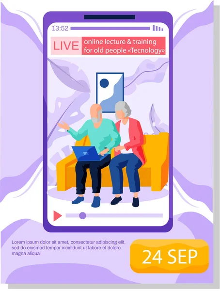 Online föreläsning och utbildning för äldre människor annonsering affisch, gråskägg och teknik — Stock vektor