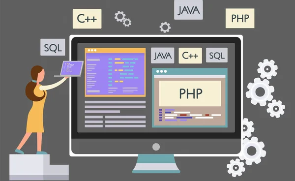 Programmeur engineering en codering. Programmeur werkt aan webontwikkeling op computers — Stockvector