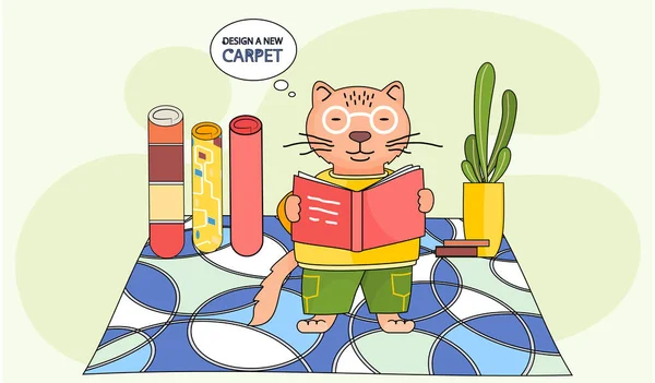 Navrhnout nový koberec. Karikatura postava stojící s knihou v dětském pokoji s různými koberci — Stockový vektor
