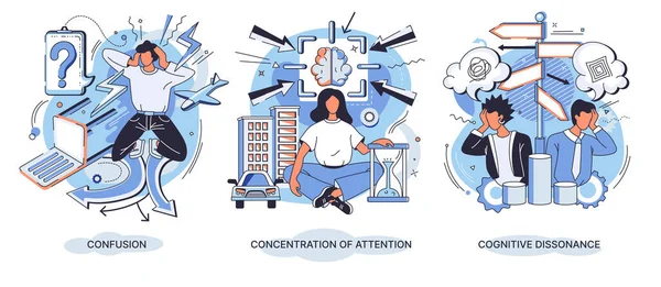 Concentration de l'attention, dissonance cognitive, icône de confusion. Concept de concentration mentale et de pleine conscience — Image vectorielle