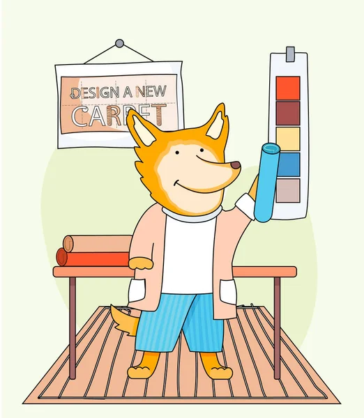 Navrhnout nový koberec. Cartoon charakter roztomilé lišky stojící v dětském pokoji s různými koberci — Stockový vektor