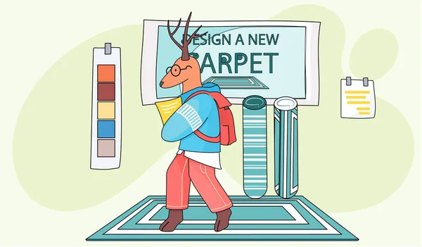 Navrhnout nový koberec. Karikatura postava stojící s batohem v dětském pokoji s různými koberci — Stockový vektor