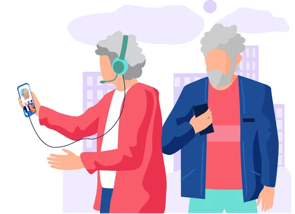上了年纪的夫妻男女用智能手机交流，听音乐 — 图库矢量图片