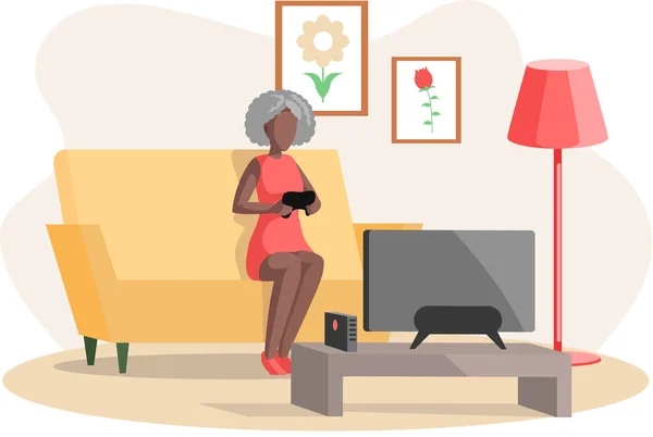 Retired female character with joystick is playing video game. lLady with gamepad plays on console — Stock Vector